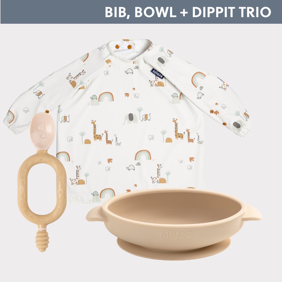 Product shot of a Bibado bib, bowl and Dippit set on a plain background
